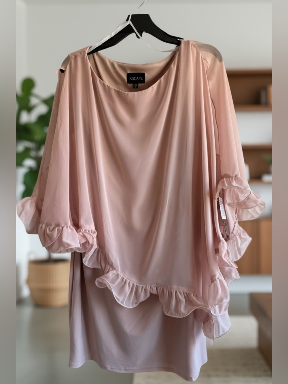 Xscape Blush Ruffle Overlay Tunic dress NWT stretchy flattering and comfortable